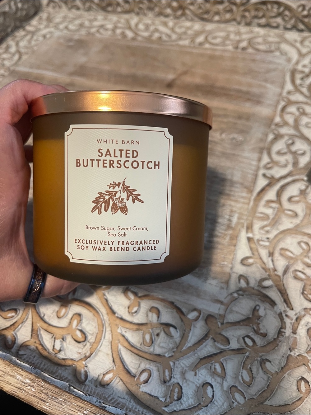 White Barn Salted Butterscotch Candle - Amber Brown with Rose Gold Lid - Picture 1 of 3